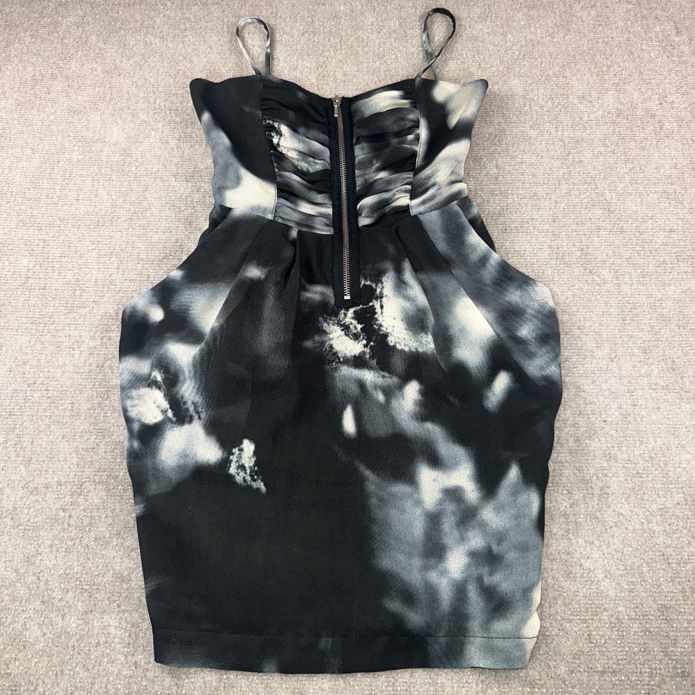 Zara Trf Black White Abstract Print Cocktail Ruched Front Zip Mini Dress Small